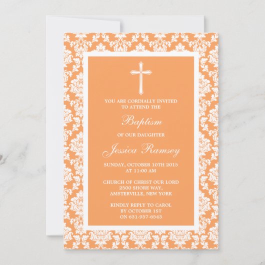 Peach Damask Cross Taufen oder Christening Einladung (Vorderseite)