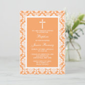 Peach Damask Cross Taufen oder Christening Einladung (Stehend Vorderseite)