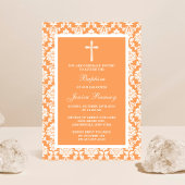 Peach Damask Cross Taufen oder Christening Einladung