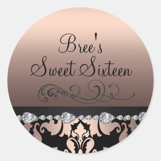Peach Damask & Diamond Sweet 16 Sticker (Vorderseite)