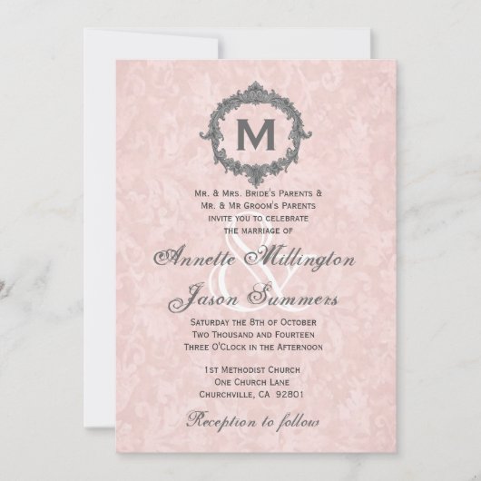 Peach Damask Gray Vintage Frame Monogram Wedding Einladung (Vorderseite)