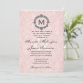 Peach Damask Gray Vintage Frame Monogram Wedding Einladung (Stehend Vorderseite)