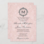 Peach Damask Gray Vintage Frame Monogram Wedding Einladung (Vorne/Hinten)
