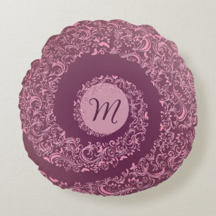 Peach Damask Monogram Rundes Kissen
