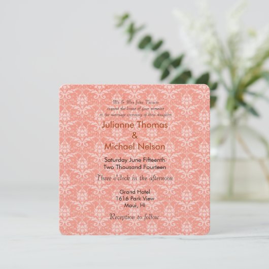 Peach Damask Wedding Einladung (Stehend Vorderseite)