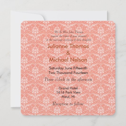 Peach Damask Wedding Einladung (Vorderseite)