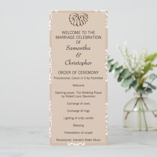 Peach Damask Wedding Program Programm (Stehend Vorderseite)