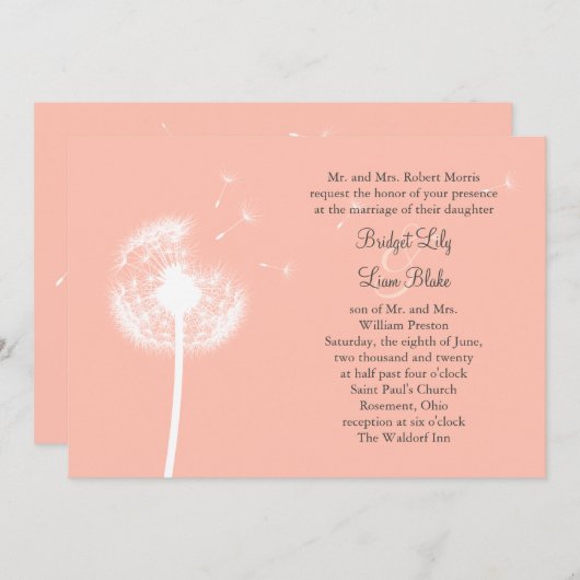 Peach Dandelion Wedding Einladung (Vorne/Hinten)