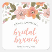 Peach Delicate Floral Bridal Brunch Quadratischer Aufkleber (Vorderseite)
