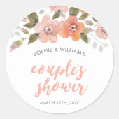 Peach Delicate Floral Couple's Dusche Runder Aufkleber (Vorderseite)