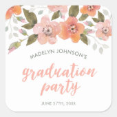 Peach Delicate Floral Graduation Party Quadratischer Aufkleber (Vorderseite)