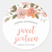 Peach Delicate Floral Sweet 16 Runder Aufkleber (Vorderseite)