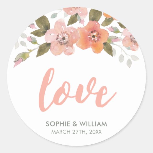 Peach Delicate Floral Wedding Liebe Runder Aufkleber (Vorderseite)