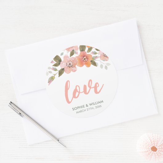 Peach Delicate Floral Wedding Liebe Runder Aufkleber (Umschlag)