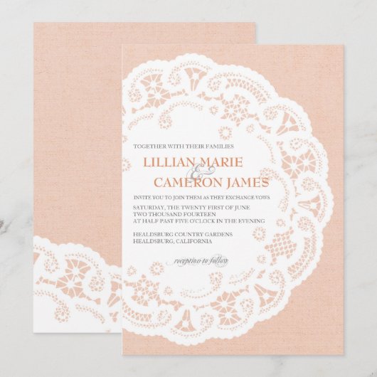 Peach Doily Wedding Einladung (Vorne/Hinten)