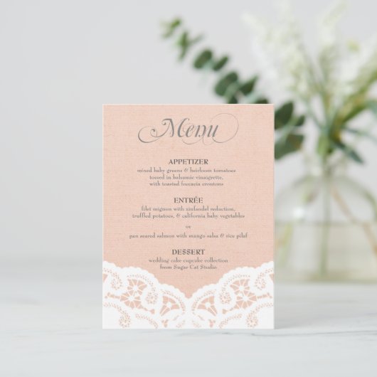 Peach Doily Wedding Menü Postkarte (Stehend Vorderseite)