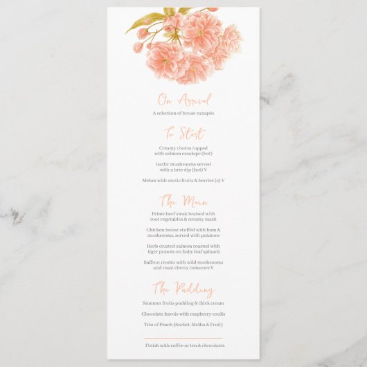 Peach double blassom Blume Hochzeitsmenü Menükarte (Rückseite)