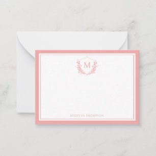 Peach Double Border Floral Wappen Classic Monogram Mitteilungskarte