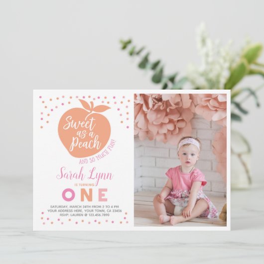 Peach First Birthday Einladung mit Foto (Stehend Vorderseite)