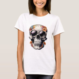 Peach Floral 3D Dead Skull mit Sonnenbrille T-Shirt
