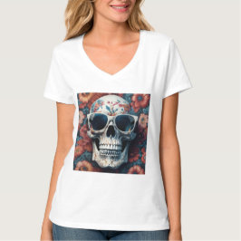 Peach Floral 3D Dead Skull mit Sonnenbrille T-Shirt