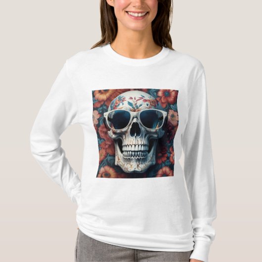 Peach Floral 3D Dead Skull mit Sonnenbrille T-Shirt (Vorderseite)