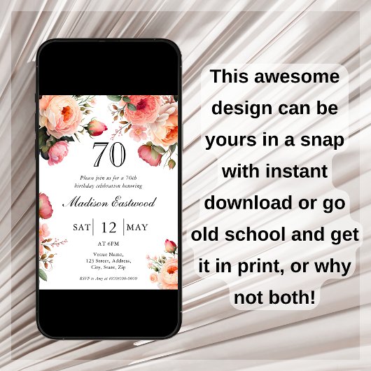 Peach Floral 70. Geburtstag Einladung