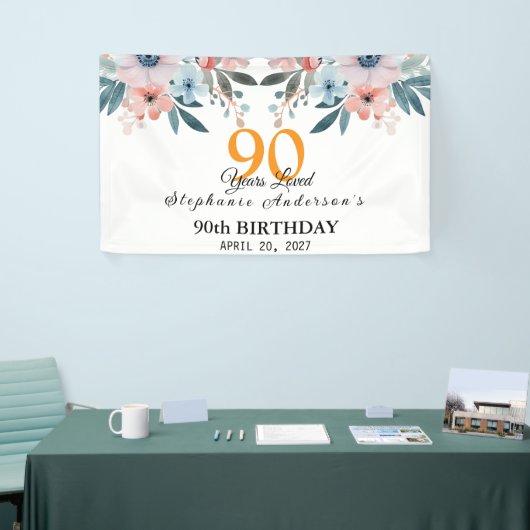 Peach Floral 90th Birthday 90 Years Loved Banner (Messeveranstaltung)