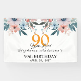  Peach Floral 90th Birthday 90 Years Loved Banner