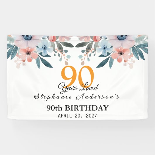 Peach Floral 90th Birthday 90 Years Loved Banner (Horizontal)