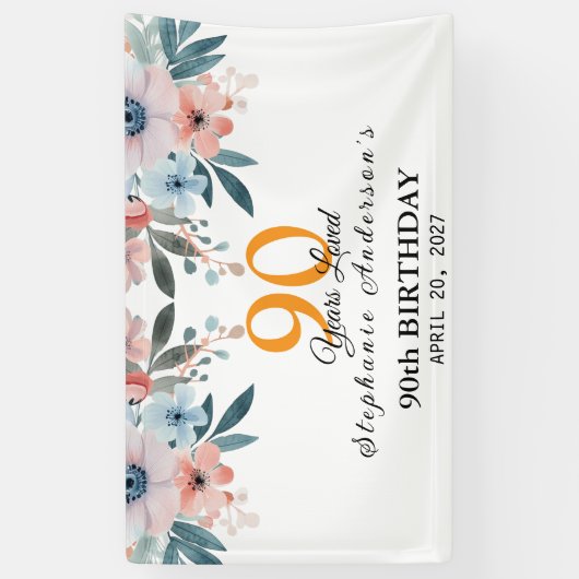 Peach Floral 90th Birthday 90 Years Loved Banner (Vertikal)