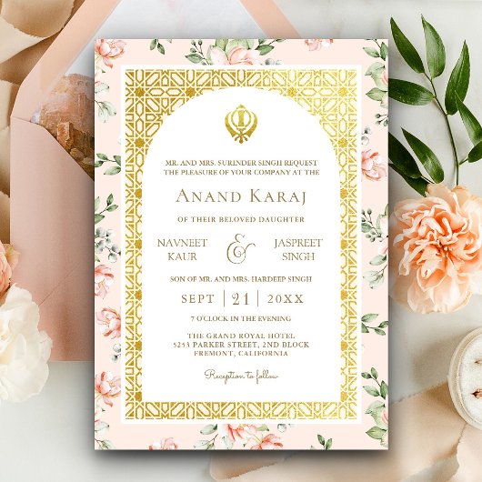 Peach Floral Anand Karaj Punjabi Sikh Wedding Einladung