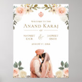 Peach Floral Anand Karaj Sikh Wedding Welcome Sign Poster (Vorne)