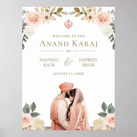 Peach Floral Anand Karaj Sikh Wedding Welcome Sign Poster (Vorne)