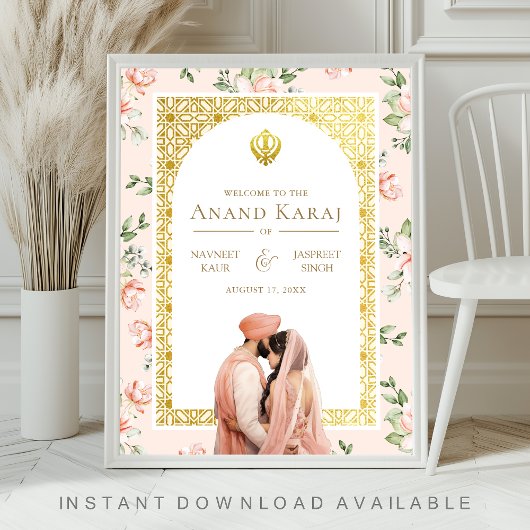 Peach Floral Anand Karaj Sikh Wedding Welcome Sign Poster