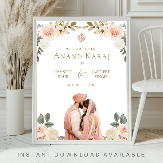 Peach Floral Anand Karaj Sikh Wedding Welcome Sign Poster