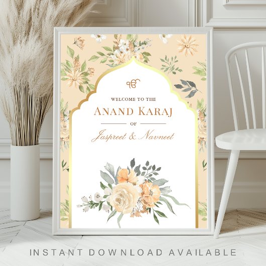 Peach Floral Anand Karaj Sikh Wedding Welcome Sign Poster