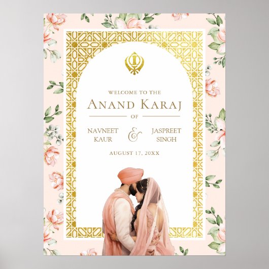 Peach Floral Anand Karaj Sikh Wedding Welcome Sign Poster (Vorne)