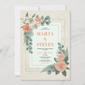 Peach Floral and Eucalyptus Greenery Wedding Einladung (Vorderseite)