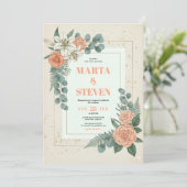 Peach Floral and Eucalyptus Greenery Wedding Einladung (Stehend Vorderseite)
