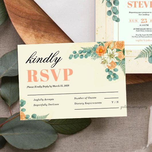 Peach Floral and Eucalyptus Greenery Wedding RSVP Karte