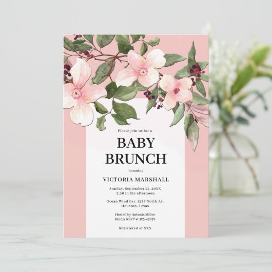 Peach Floral Baby Brunch Einladung (Stehend Vorderseite)