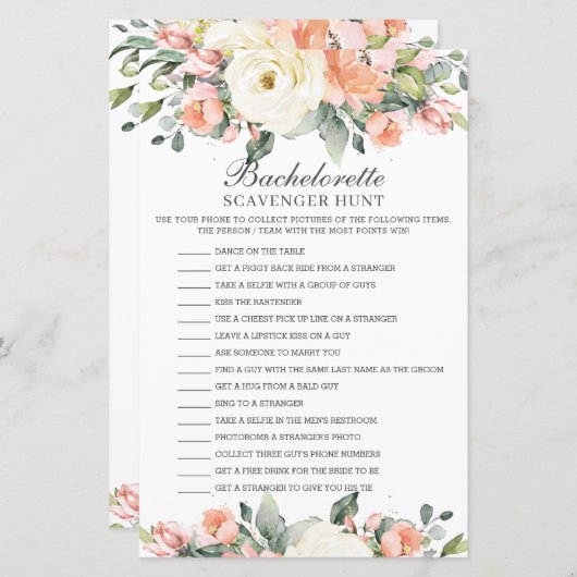 Peach Floral Bachelorette Scavenger Jagdspiel (Vorne/Hinten)