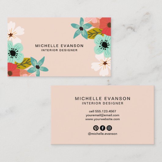 Peach Floral Blume Elegante Visitenkarte (Vorne/Hinten)