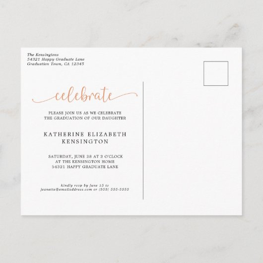 Peach Floral Boho Arch Foto Graduation Party Ankündigungspostkarte (Rückseite)