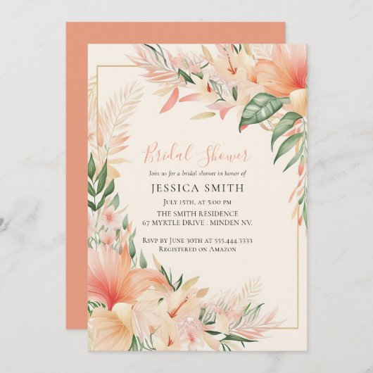 Peach Floral Boho Bridal Shower Invitation Einladung (Vorne/Hinten)