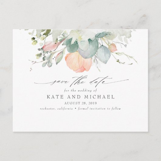 Peach Floral Boho Save the Date Postkarte (Vorderseite)