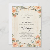 Peach floral Botanical String Light Wedding Einladung (Vorderseite)