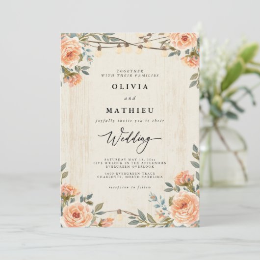 Peach floral Botanical String Light Wedding Einladung (Stehend Vorderseite)