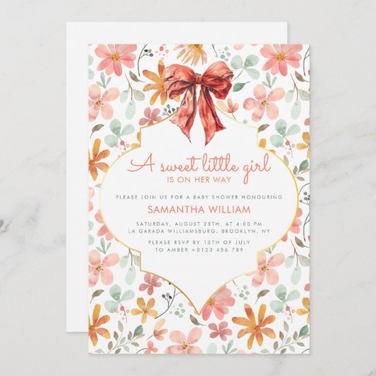 Peach Floral Bow Coquette Baby Dusche Einladung (Vorne/Hinten)